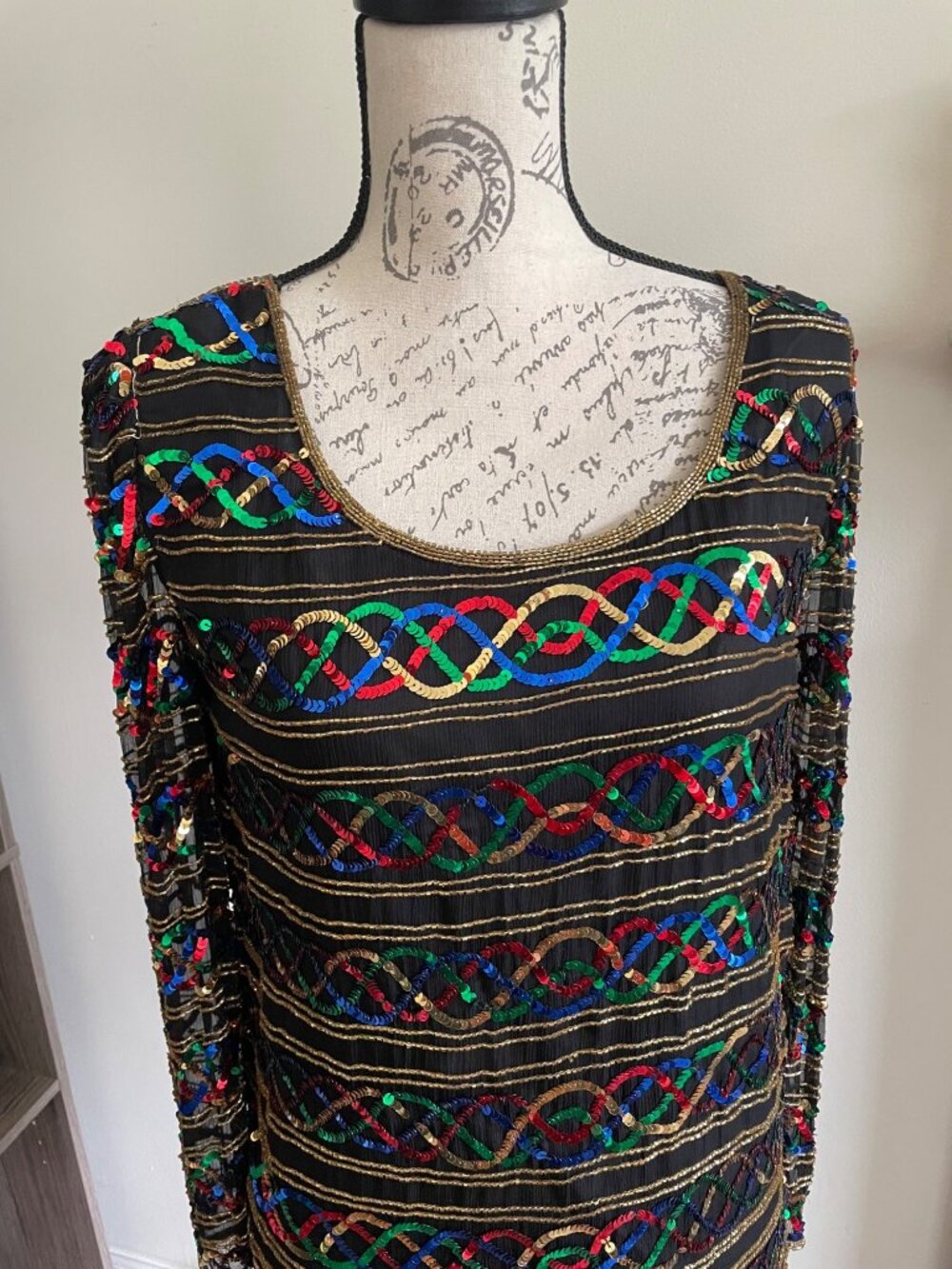Vintage Stenay Silk Rainbow Sequin Shirt Scoop Neck Blouse Top Showgirl Sparkle - Picture 7 of 14